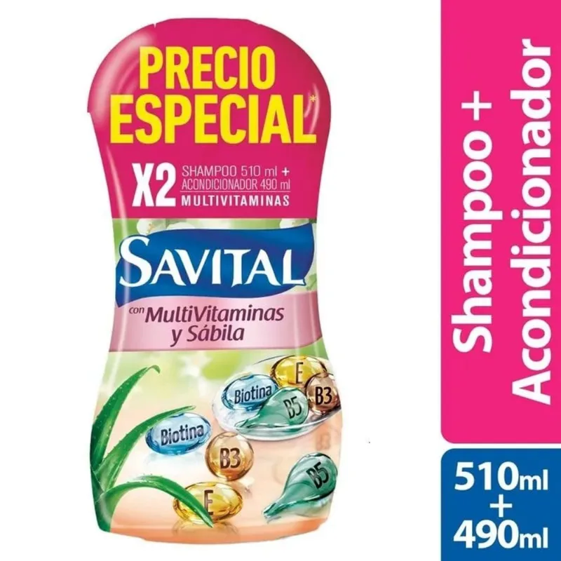 Oferta Shampoo Savital Multivitaminas y Sabilá 500ml + Acondicionador 490 Ml