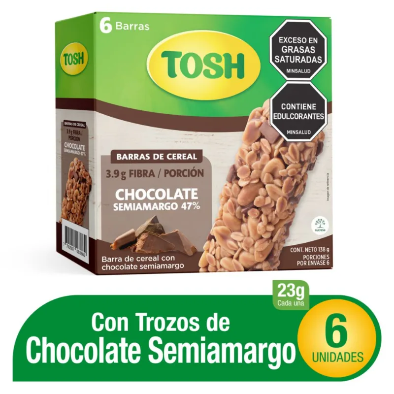 Barra de cereal TOSH trozos chocolate semiamargo x6und (138 gr)
