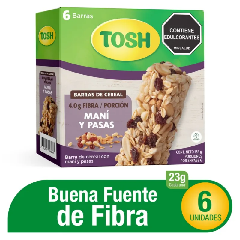 Barra de cereal TOSH maní y pasas x6und (138 gr)