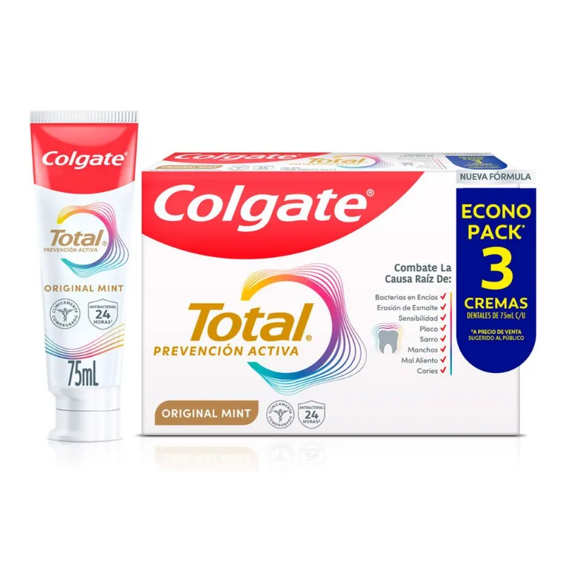 Pack 3 un. Pasta Dental Colgate Total Original Mint Prevención Activa 75 ml