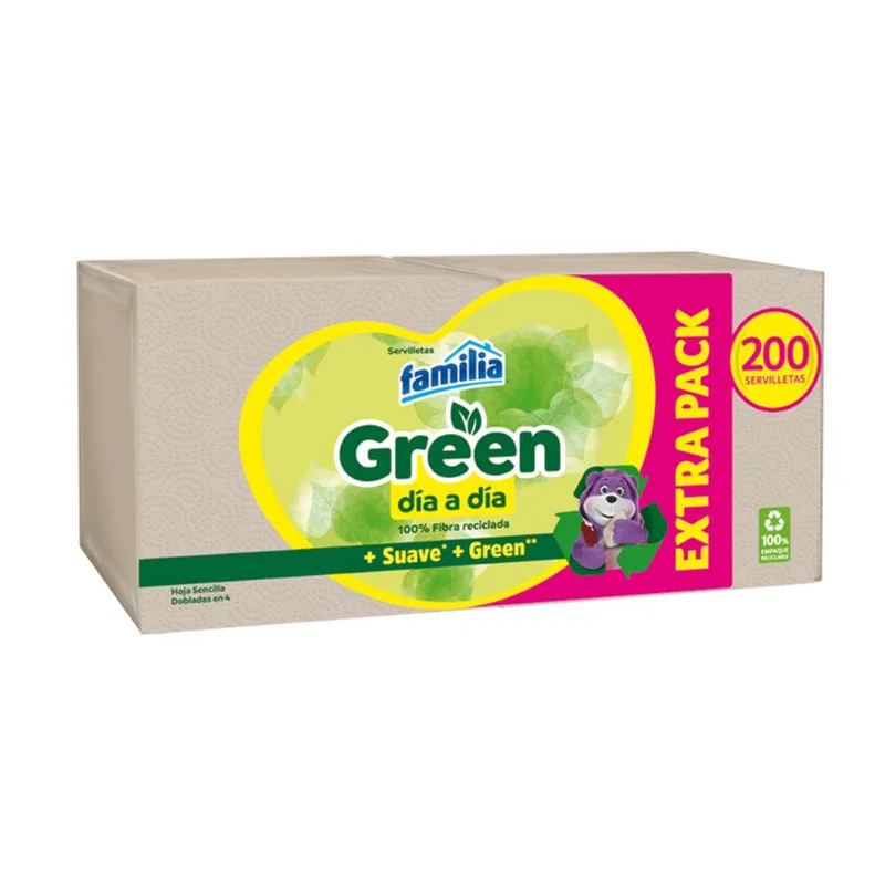 FAMILIA SERVILLETA GREEN DÍA A DÍA FIBRA RECICLADA EXTRA PACK X 200 UN