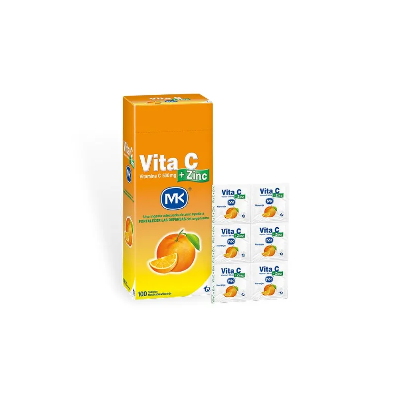 Vita C + Zinc 500 Mg Caja con 100 Tabletas - Sabor a Naranja