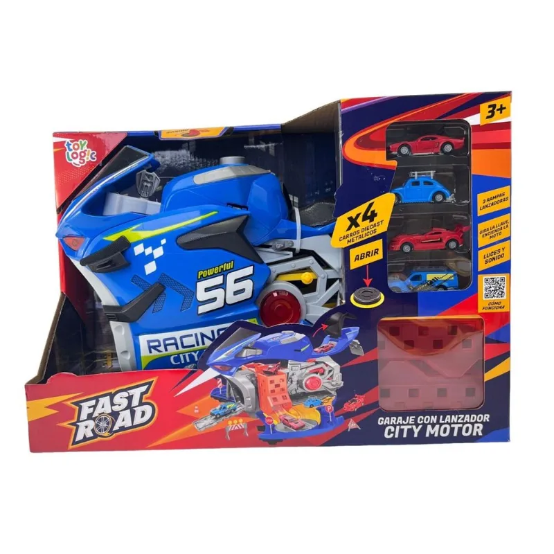 Playset Garage con Lanzador Fast Road y Diecast City Motor