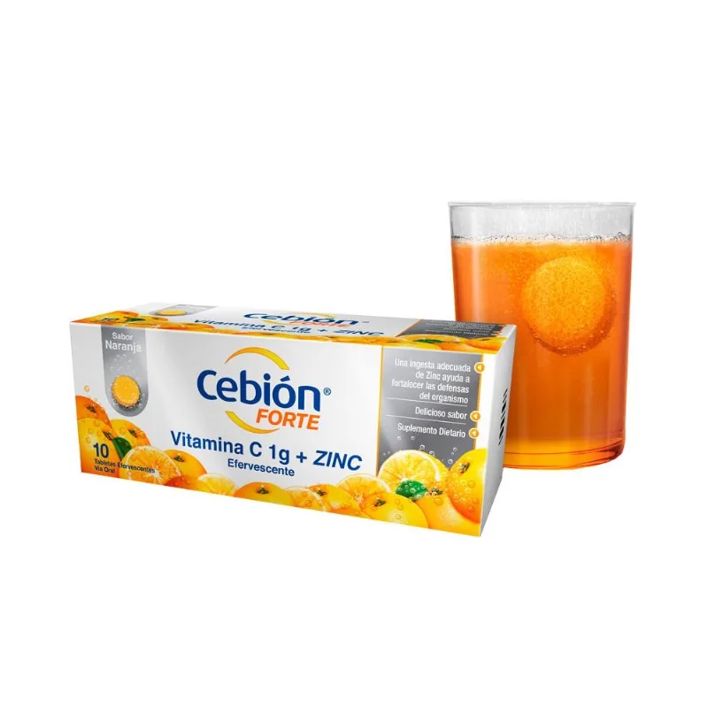 Cebión Forte + Zinc Sabor Naranja Caja con 10 Tabletas Efervescentes