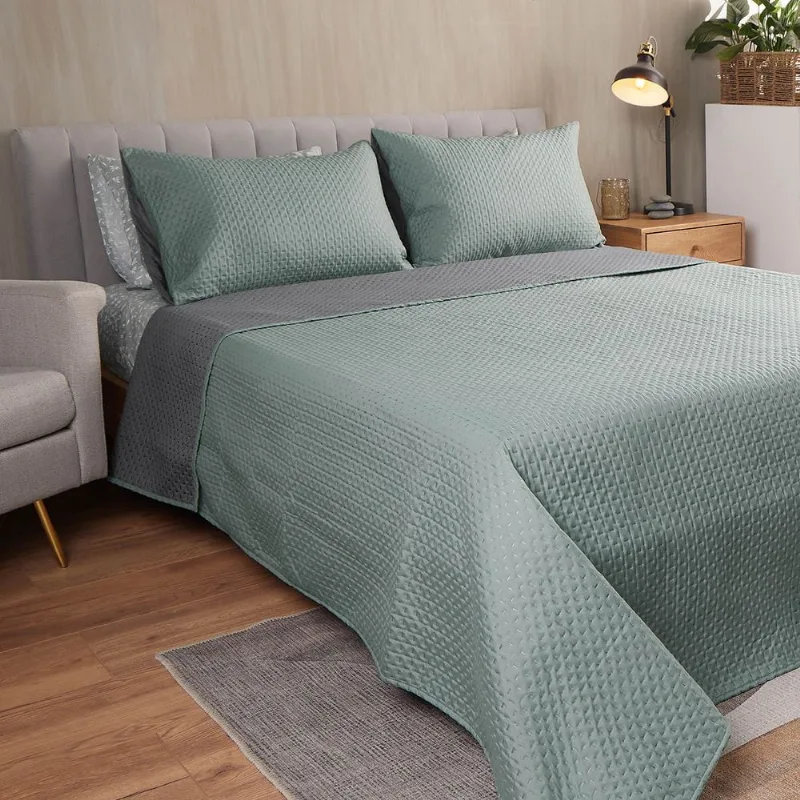 Quilt Doblefaz Microfibra Gris - Menta Doble