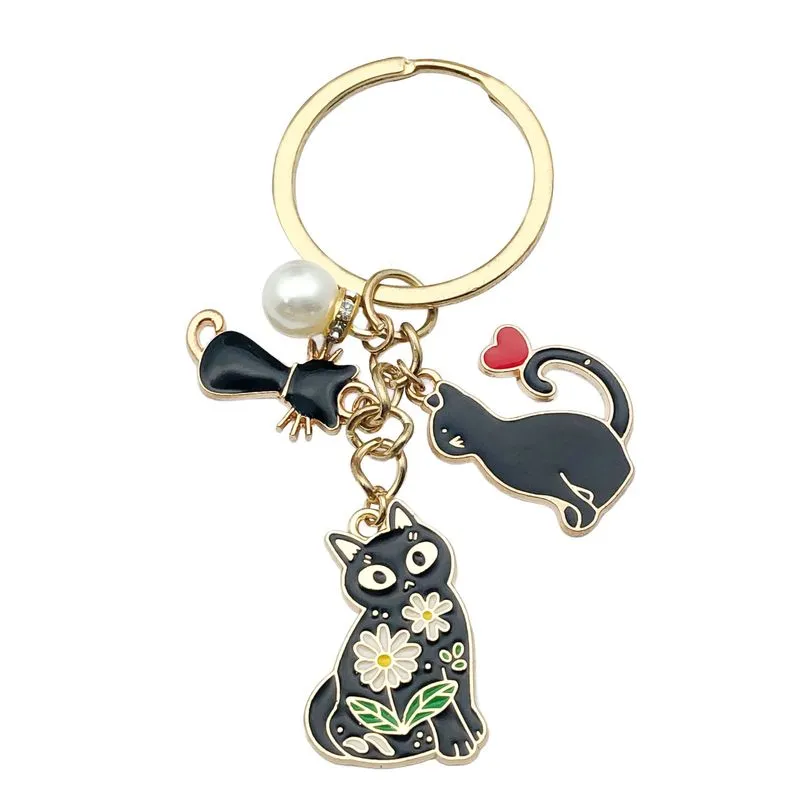 Porta-chaves Charm Cute Black Cat Pearl Enamel
