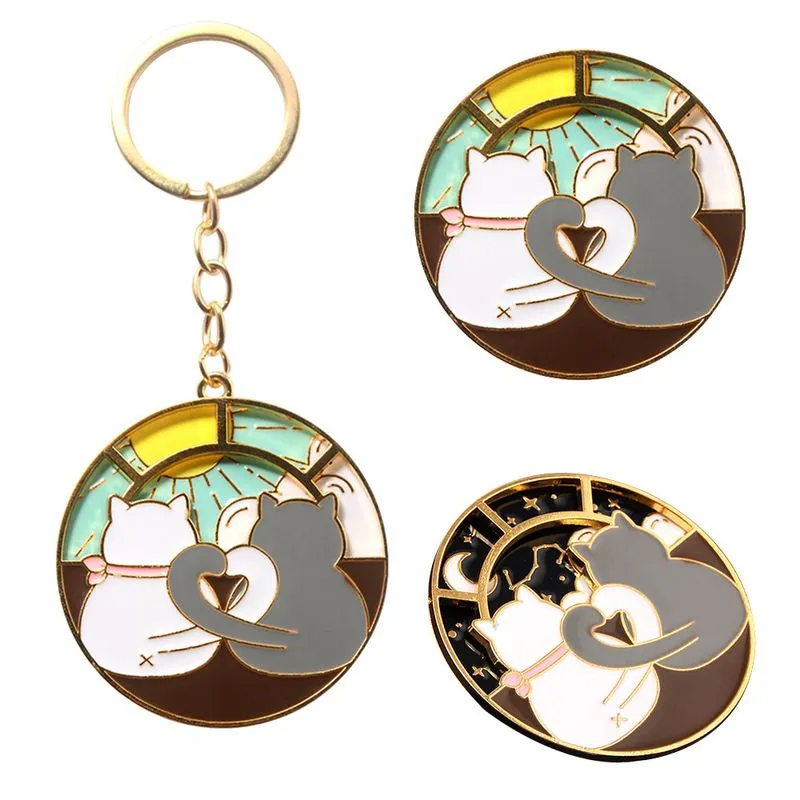 Pingente De Chaveiro Cat Couple Rotating Day Night Para Casais
