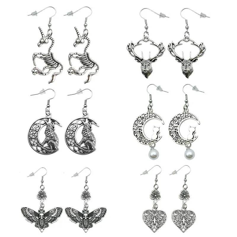 Brincos Vintage Animal Series Moon Cat Deer Silver