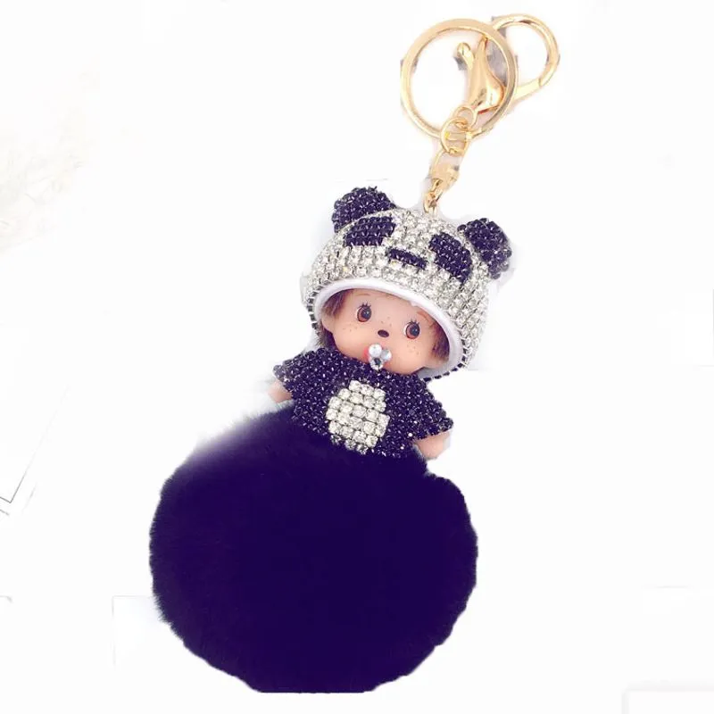 Chaveiro Panda Monchhichi Doll Pom-pom Black Furball