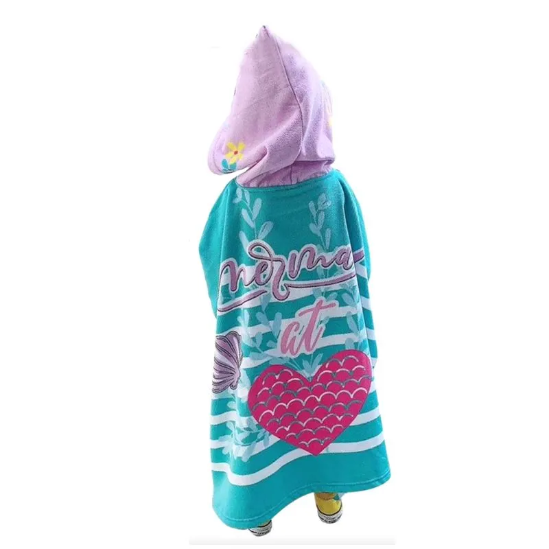 Toalha De Poncho Com Capuz Para Crianças Com Design De Coração De Sereia Turquesa