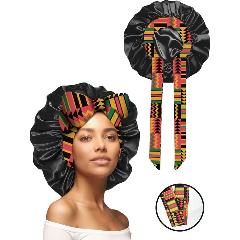 Boné De Cabelo Grande De Cetim Com Laço Estampado Africano De 36 Cm Preto