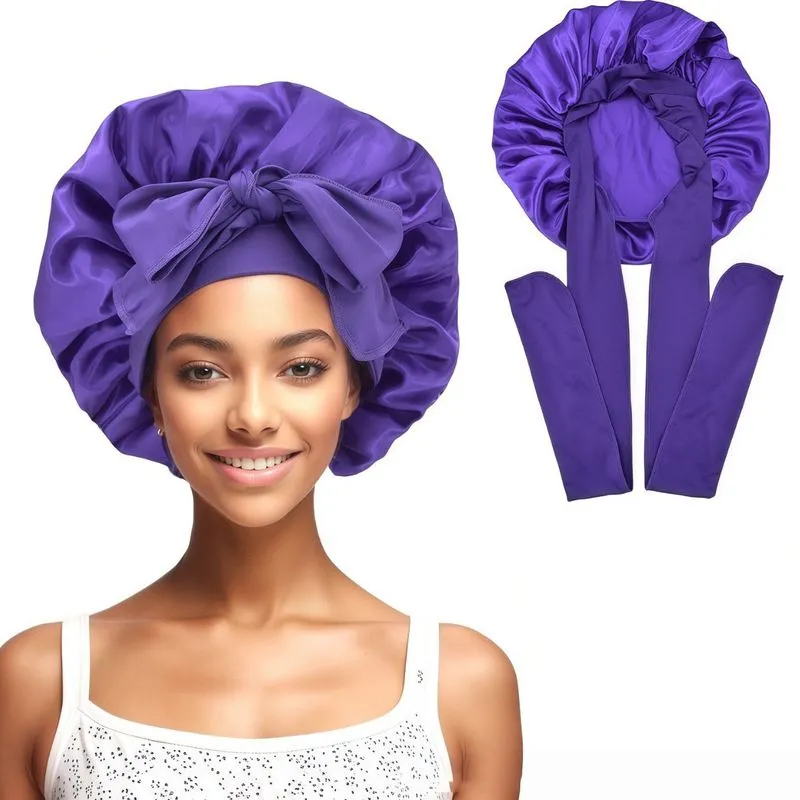 Sleep Bonnet Purple Satin Com Laço, Protetor De Cabelo Ajustável