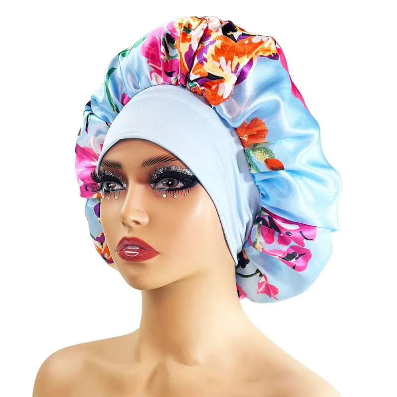 Boné De Dormir Floral Acetinado Com Faixa Larga Para Proteção De Cabelo Azul