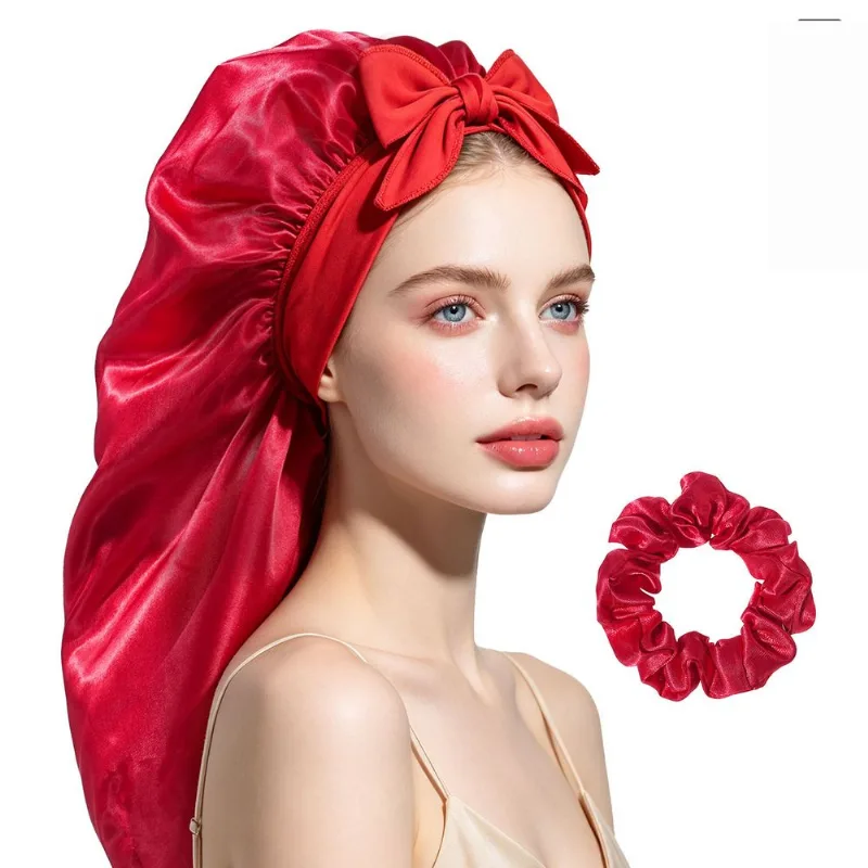 Conjunto De Boné De Dormir De Cetim Com Laço E Elástico Red Hair Protec