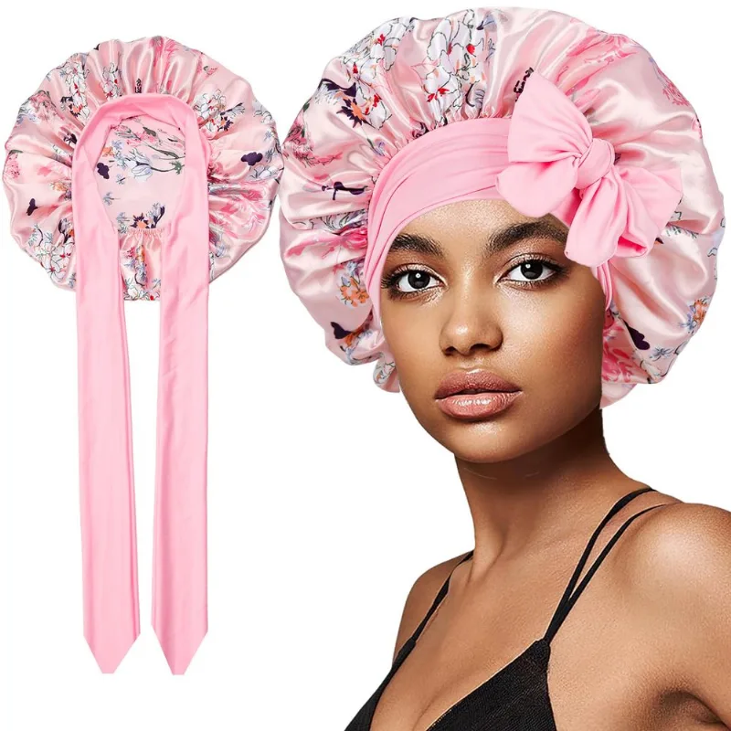 Boné De Dormir Floral De Cetim Com Laço Rosa Para Proteção De Cabelo