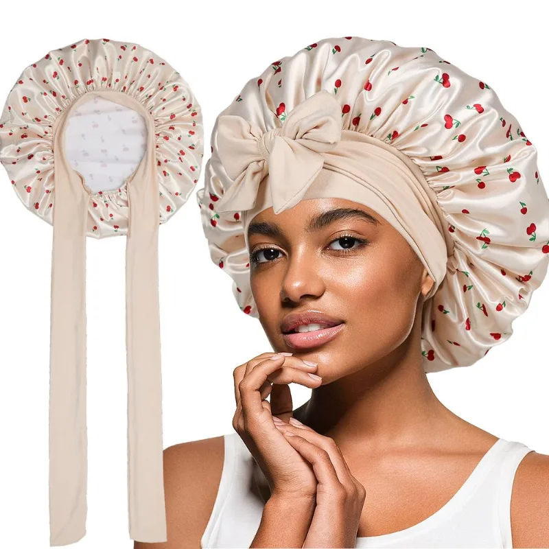 Bonnet Sleep Bonnet Com Estampa De Cereja Acetinada Com Gravatas Compridas, Cor Bege