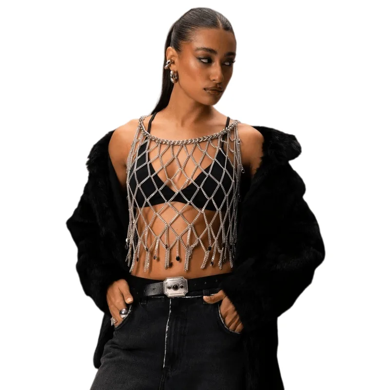 Body Chain Top Silver Strass Mesh For Women Festival