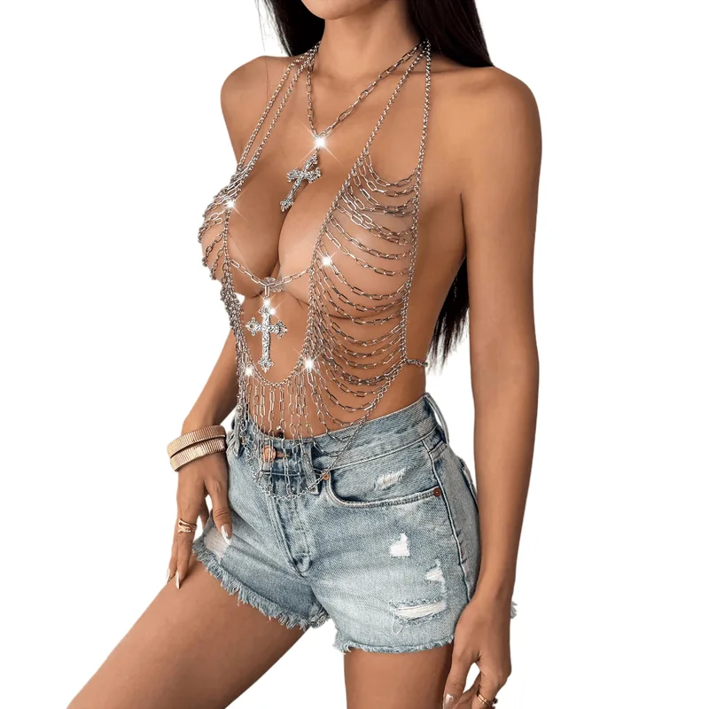 Sutiã Body Chain Halter Silver Metal Tassel Cross Women