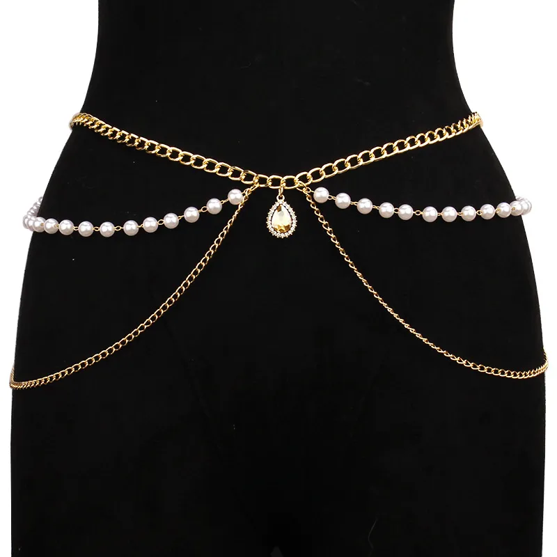 Body Chain Em Liga De Ouro Multicamada Com Pedras Preciosas E Strass