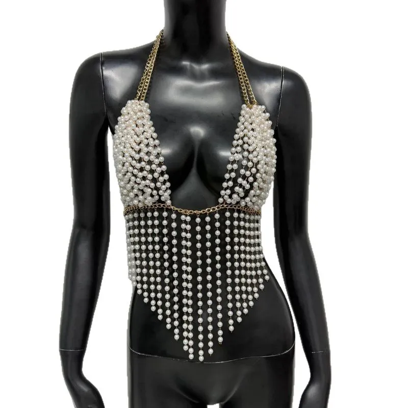 Body Chain Gold Faux Pearl Para Mulheres, Arnês De Festas E Festivais