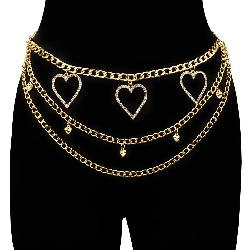 Corrente De Cintura, Coração Dourado, Strass, Joias De Corrente De Quadril Em Camadas