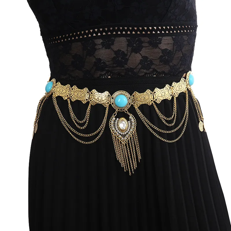 Cinto De Borla De Metal Com Corrente De Cintura Boho Turquesa Para Mulheres