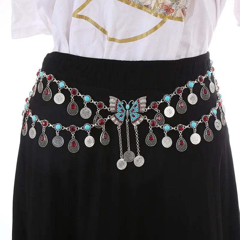 Corrente De Cintura Bohemian Blue Tassel Coin Butterfly Vintage Style