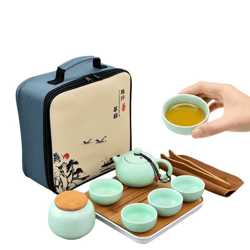 Conjunto De Chá De Viagem, Copos De Cerâmica, Bandeja, Estojo Portátil