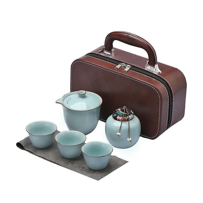 Conjunto De Chá Portátil Ru Kiln Ceramic Com Bolsa De Couro 1,3 Kg