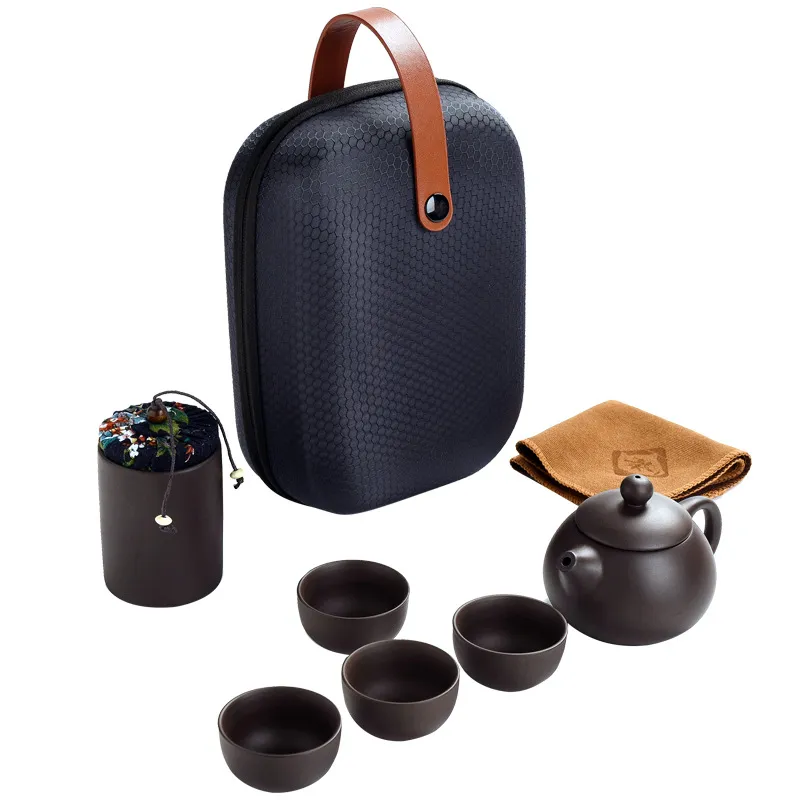 Conjunto De Chá Portátil Yixing Clay Com Estojo, Bule, 4 Xícaras De Viagem