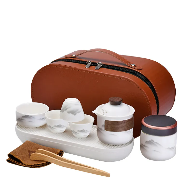 Conjunto De Chá Portátil De Cerâmica Com Estojo Para Copos De Chá E Kit De Viagem