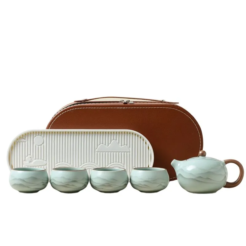Conjunto De Chá: Bule De Cerâmica Ru Kiln, 4 Xícaras Com Kit De Estojo De Viagem