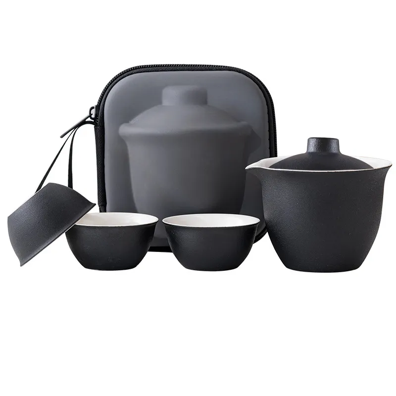 Conjunto De Chá: Bule De Cerâmica Portátil, 3 Xícaras Com Estojo, Preto, Estilo Zen