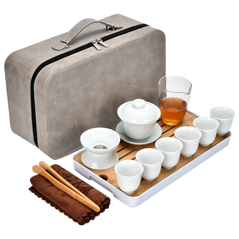 Conjunto De Chá Portátil Gongfu Com Estojo Gaiwan Para 6 Xícaras De Cerâmica Branca