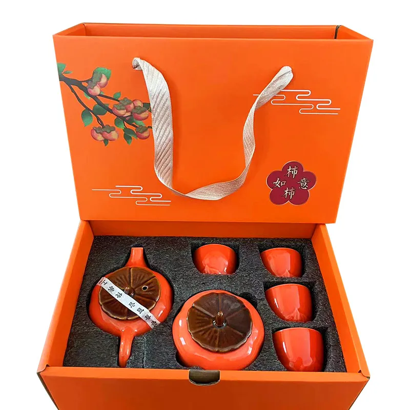 Conjunto De Chá, Bule De Caqui De Cerâmica, 4 Xícaras Com Conjunto De Caixa De Presente
