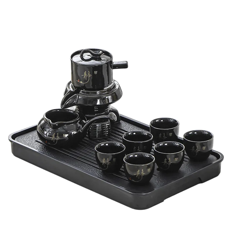 Conjunto De Chá Automático De Cerâmica Kung Fu Preto Com 6 Xícaras E Bandeja