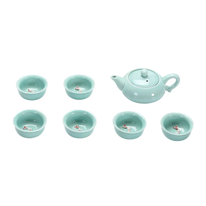 Conjunto De Chá Celadon: Bule, 6 Xícaras, Design De Peixe, Cerâmica, 2 Kg