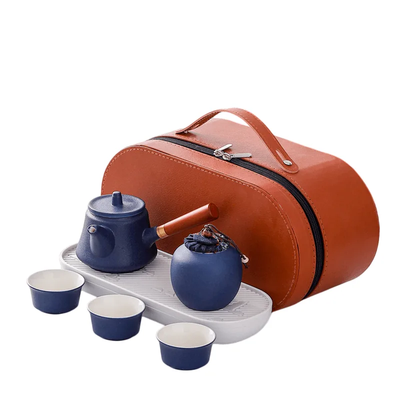 Conjunto De Chá Portátil De Cerâmica Com Alça Lateral, Bule, 3 Xícaras, Azul