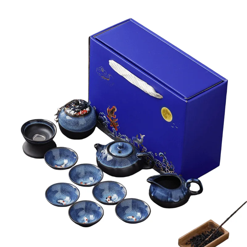 Conjunto De Chá Tenmoku Ceramic Com Bule, Conjunto De Caixa De Presente De 6 Xícaras