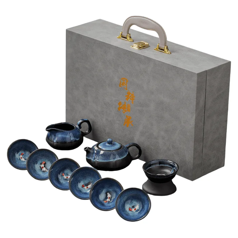 Conjunto De Chá Gongfu, Bule De Cerâmica Com 6 Xícaras E Acessórios, Azul