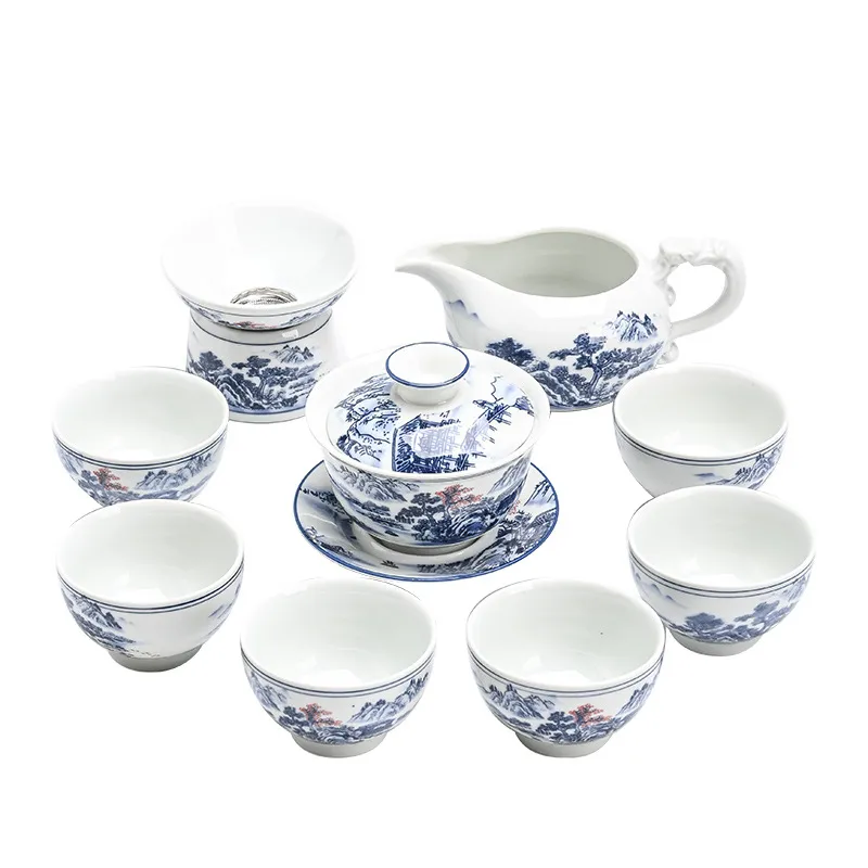 Conjunto De Chá De Porcelana Azul Branca Gaiwan, 6 Xícaras Com Caixa De Presente