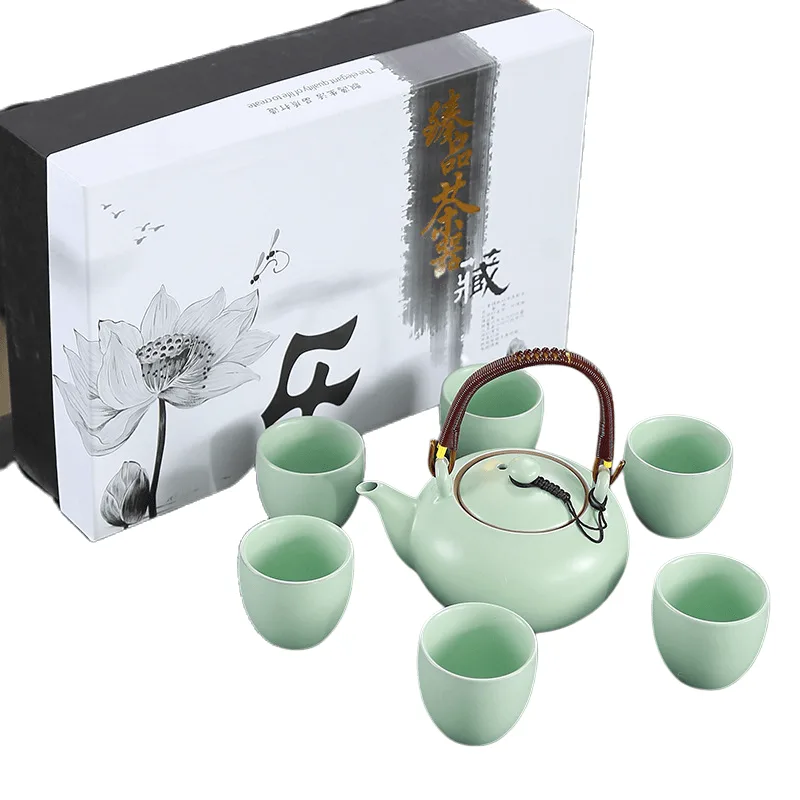 Conjunto De Chá Ru Kiln Ceramic Com Alça, Bule, 6 Xícaras Com Caixa De Presente