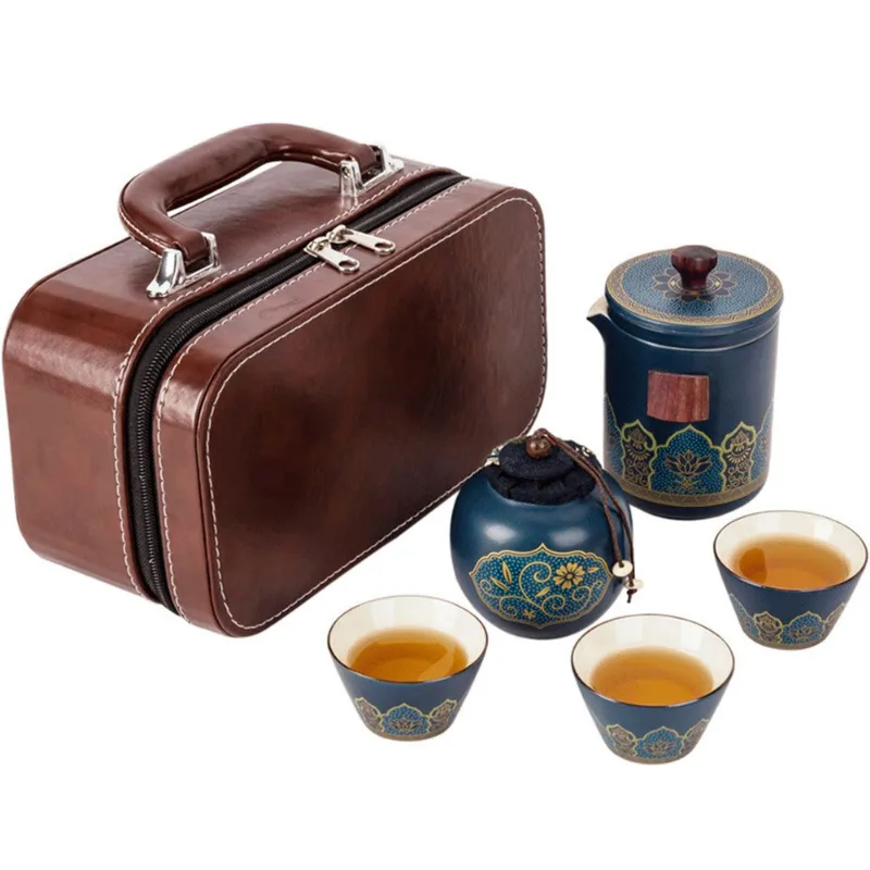 Conjunto De Chá: Bule De Cerâmica Portátil, 3 Xícaras Com Estojo De Viagem