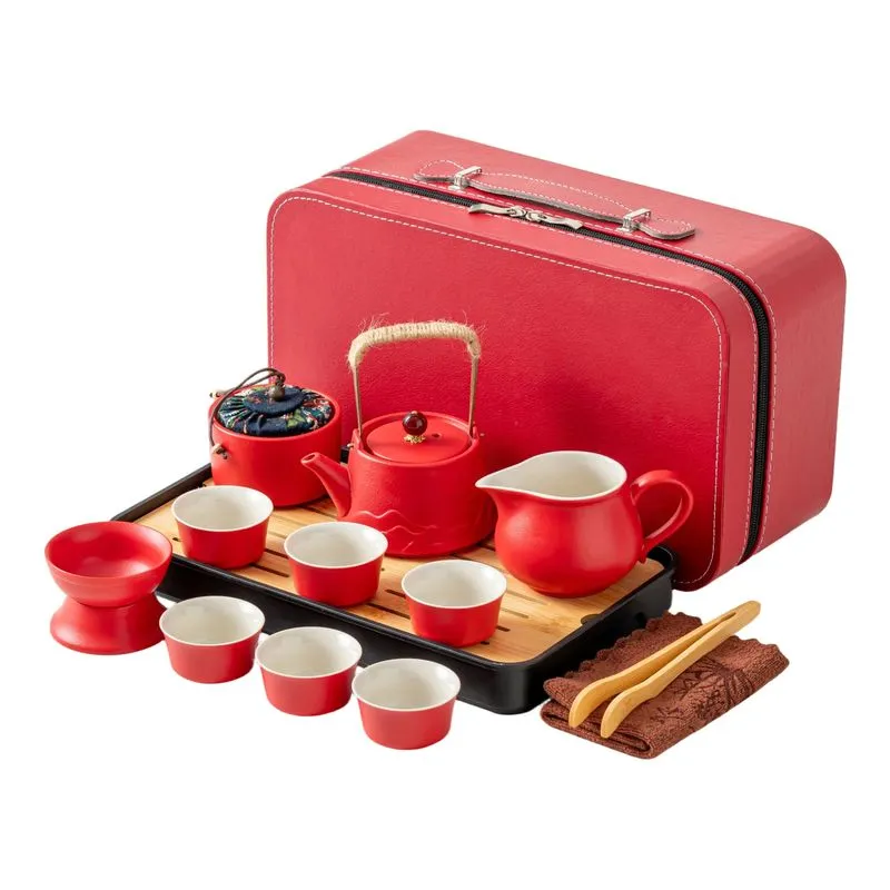 Conjunto De Chá Gongfu De Cerâmica Vermelha Portátil Para Viagem Com Saco De Armazenamento