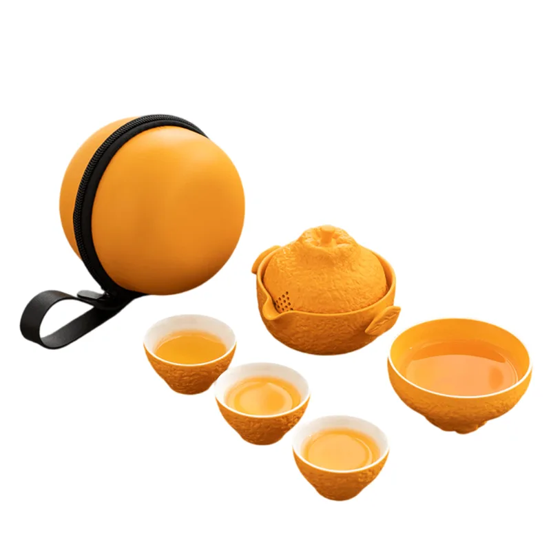 Conjunto De Chá Portátil Para Viagem, Bule De Cerâmica Laranja, 3 Xícaras Com Estojo