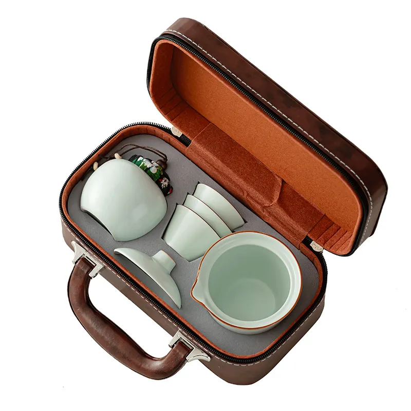 Conjunto De Chá: Bule De Cerâmica Portátil Ru Kiln Com 3 Xícaras E Estojo