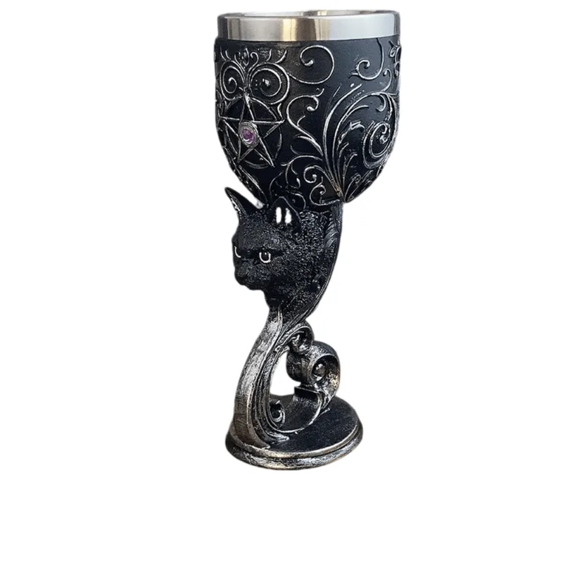 Copo De Vinho Goblet Gothic Black Cat Em Aço Inoxidável High Foot