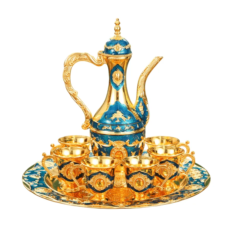Conjunto De Bebidas Alcoólicas: Decantador De 6 Xícaras Em Liga De Zinco Azul Dourado