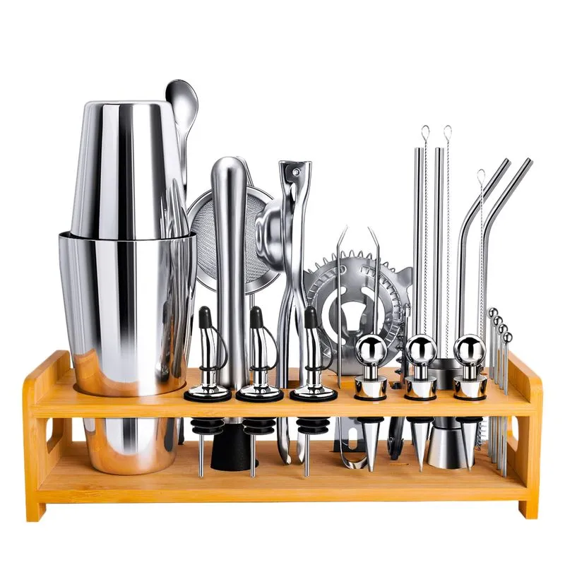 Conjunto De Coqueteleira De Aço Inoxidável De 26 Peças Com Suporte De Bambu