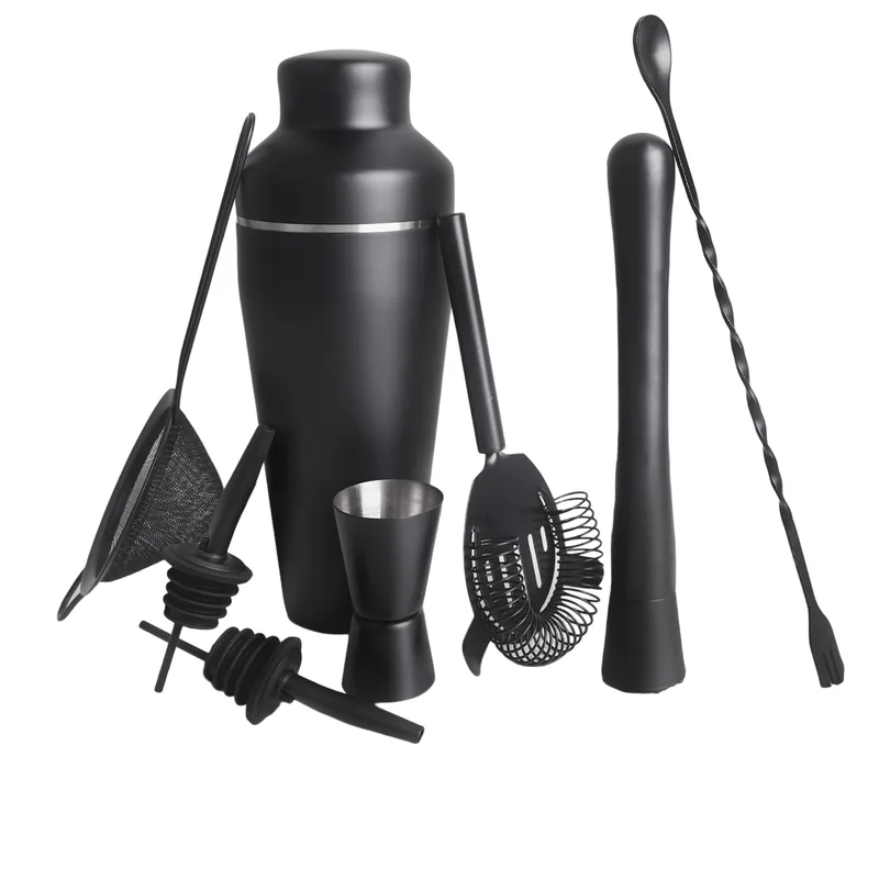 Conjunto De Coqueteleiras Em Aço Inoxidável Preto De 8 Peças Com Prata
